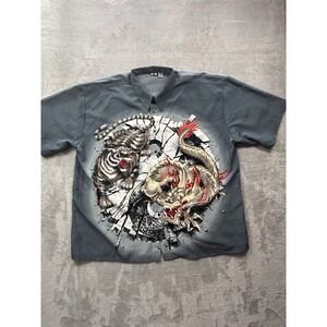 Vintage Billion Bay Button Up Shirt Mens 3XL Blue Yin Yang Tiger Dragon Y2K 90s